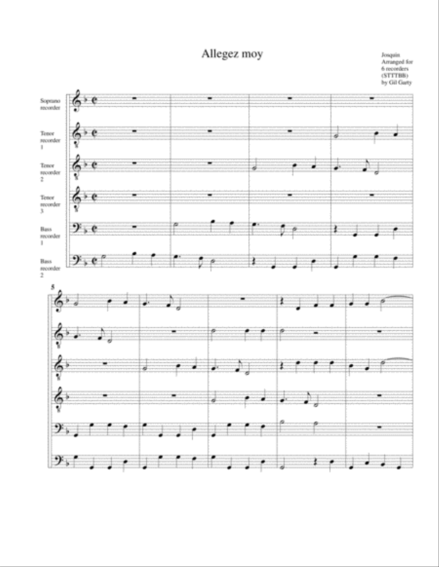 Allegez moy (arrangement for 6 recorders) Recorder scores gallery preview page 1