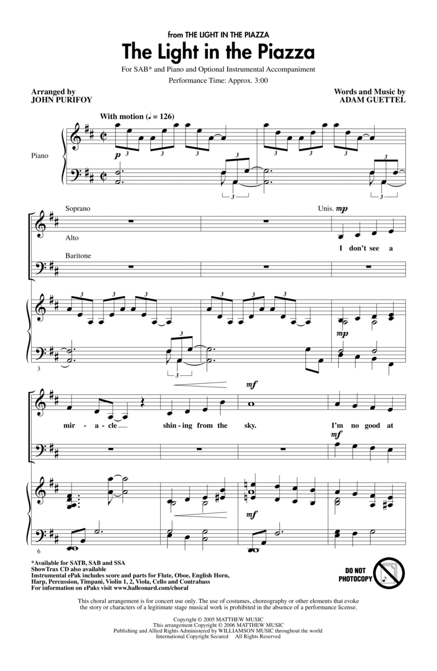 The Light In The Piazza (arr. John Purifoy) 3-Part scores gallery preview page 1