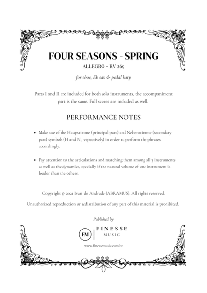 TRIO - Four Seasons Spring (Allegro) for OBOE, Eb SAX and PEDAL HARP - F Major image number null