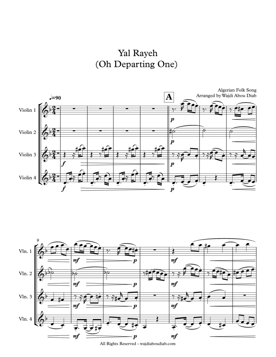 Yal Rayeh (Arabic Song) - violin quartet String Quartet scores gallery preview page 1