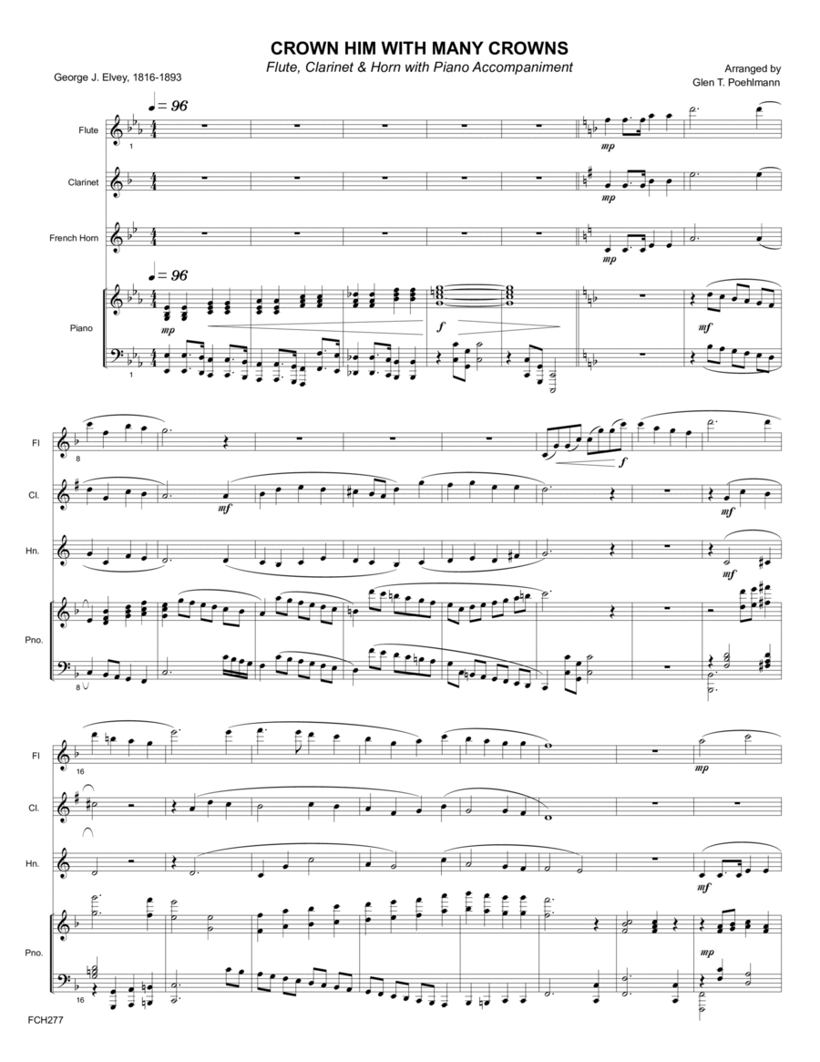 CROWN HIM WITH MANY CROWNS - FLUTE, CLARINET & HORN with Piano Accompaniment Small Ensemble scores gallery preview page 1