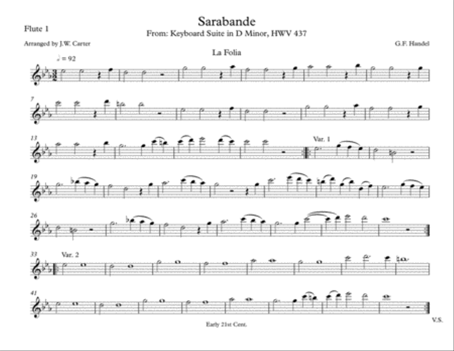 La Folia, from Keyboard Suite in D min., HWV 437, by G.F. Handel, arranged for 2 Flutes & Cello Small Ensemble scores gallery preview page 4