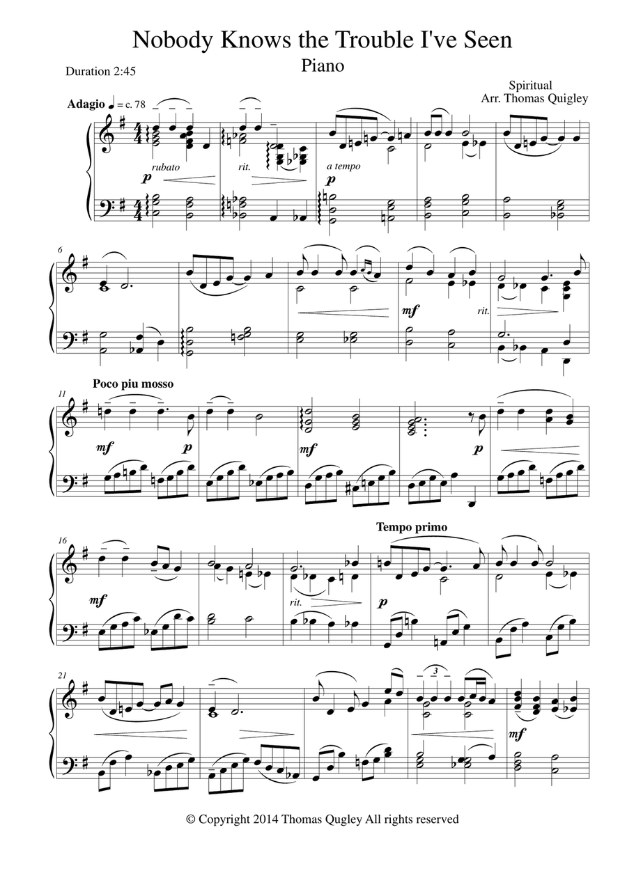 Nobody Knows the Trouble I've Seen Piano Solo scores gallery preview page 1