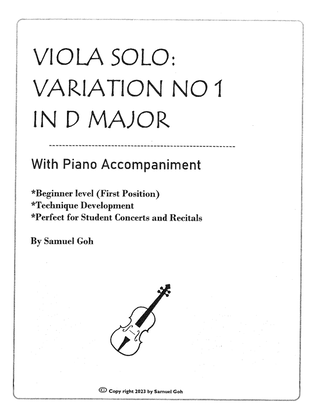 Easy Viola Solo: Variation No 1 in D Major with Piano accompaniment