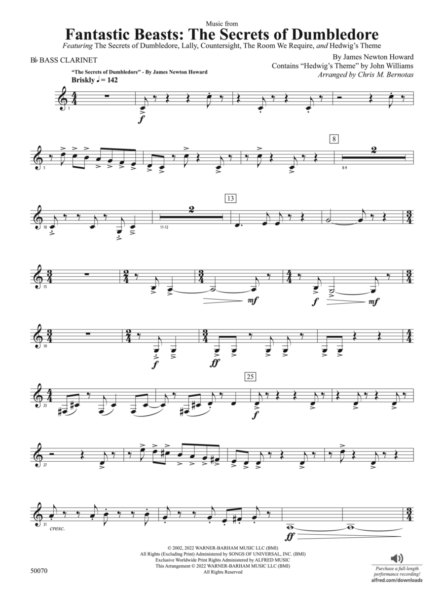 Fantastic Beasts: The Secrets of Dumbledore: B-flat Bass Clarinet Concert Band scores gallery preview page 1