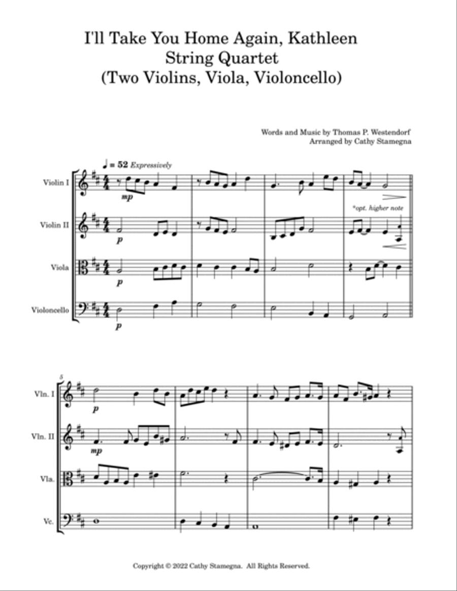 I’ll Take You Home Again, Kathleen (String Quartet: Two Violins, Viola, Violoncello) String Quartet scores gallery preview page 2