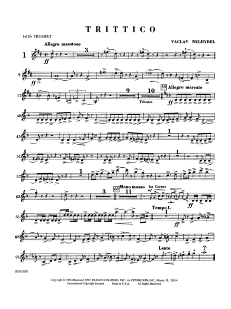 Trittico: 1st B-flat Trumpet Concert Band scores gallery preview page 1