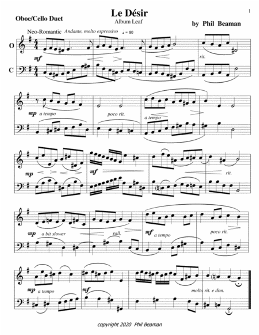 Le Désir-oboe-cello duet Oboe scores gallery preview page 1