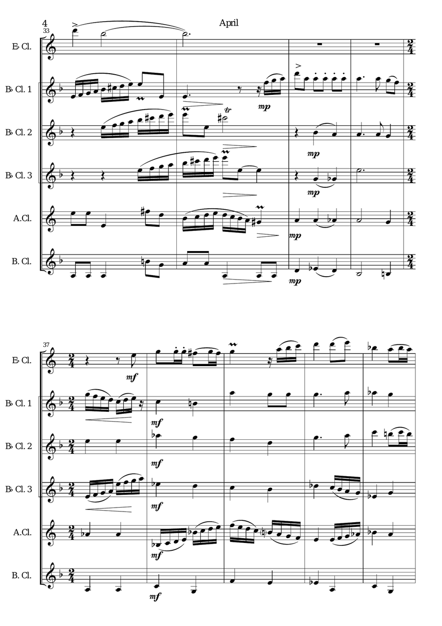 April (April! The grace and smile that all beguile!) for clarinet sextet (with E flats) Clarinet Solo scores gallery preview page 4