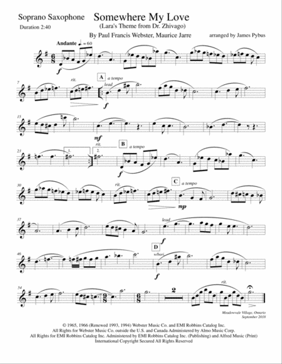 Somewhere, My Love Saxophone Quartet scores gallery preview page 6