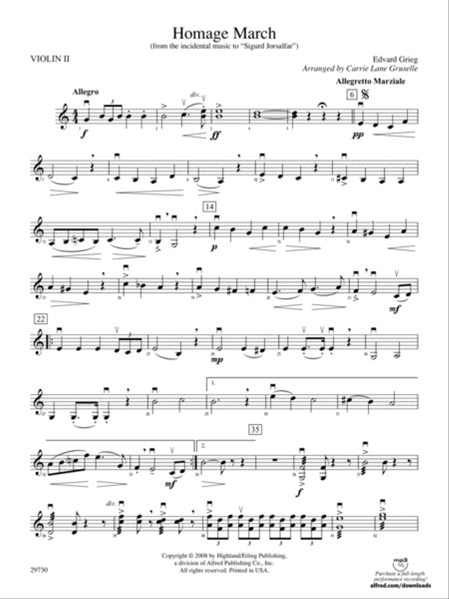 Homage March (from the incidental music to Sigurd Jorsalfar): 2nd Violin String Orchestra scores gallery preview page 1