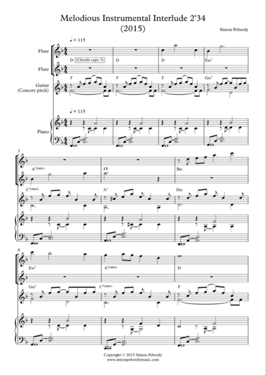 Instrumental Interlude 2'34 for 2 flutes, guitar and/or piano by Simon Peberdy Small Ensemble scores gallery preview page 2