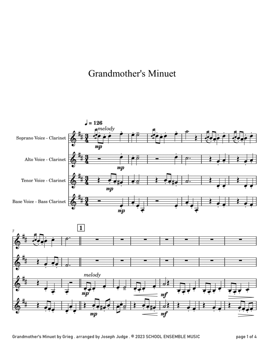 Grandmother's Minuet by Grieg for Clarinet Quartet in Schools Clarinet Quartet scores gallery preview page 1