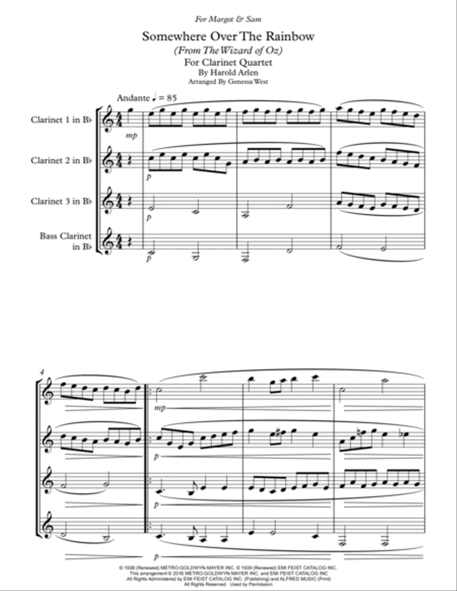 Over The Rainbow Clarinet Quartet scores gallery preview page 2