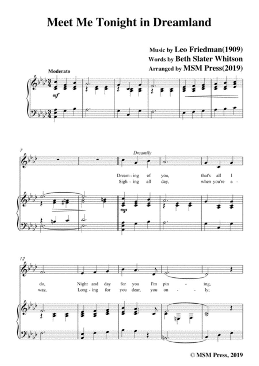 Leo Friedman-Meet Me Tonight in Dreamland,in A flat Major,for Voic&Piano Voice scores gallery preview page 3