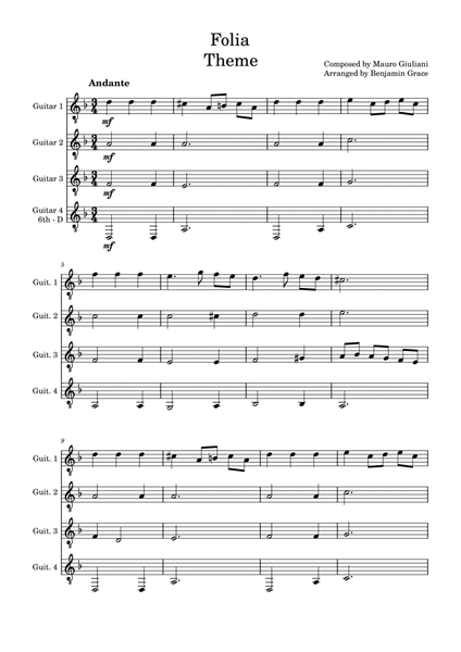 La Folia Variations for Guitar Quartet - Score Only