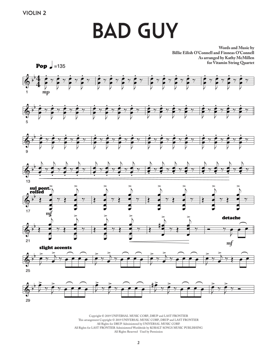 bad guy (from the Netflix series Bridgerton) - Violin 2 String Quartet scores gallery preview page 1