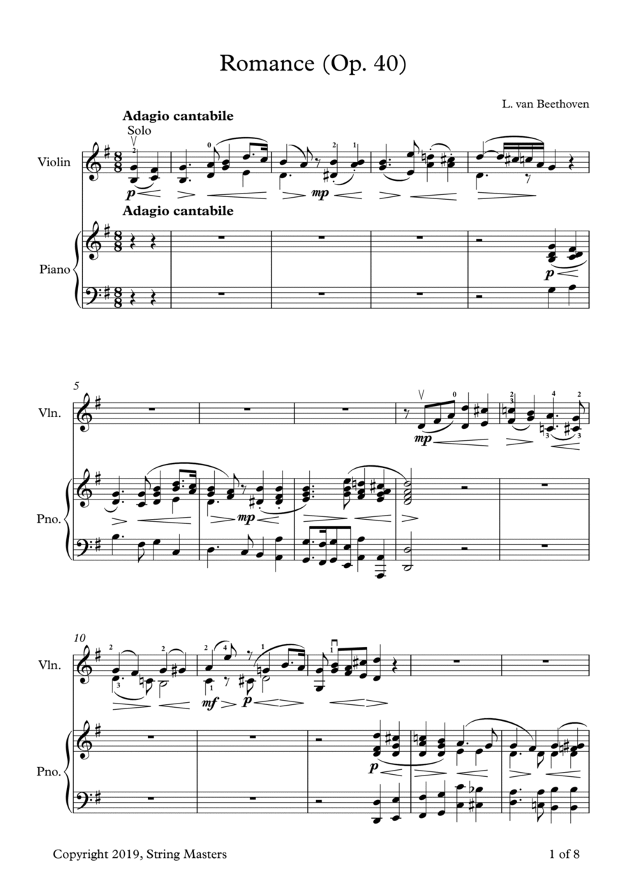 Beethoven, Two Romances Op. 40, Violin and Piano Violin scores gallery preview page 1