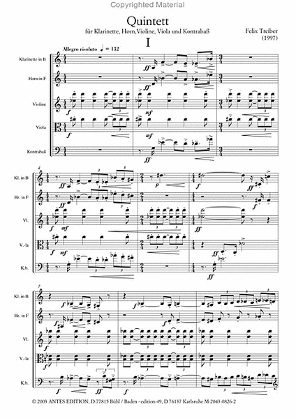 Quintett fur Klarinette, Horn, Violine, Viola und Kontrabass (1997)