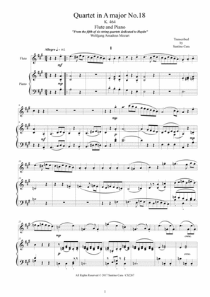 Mozart – Quartet no.18 in A major K464 for Flute and Piano - Score and Part