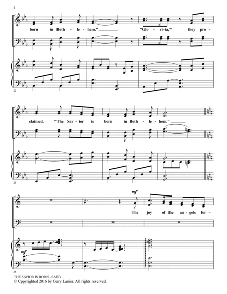THE SAVIOR IS BORN, SATB Choir and Piano (Score and Parts included) image number null