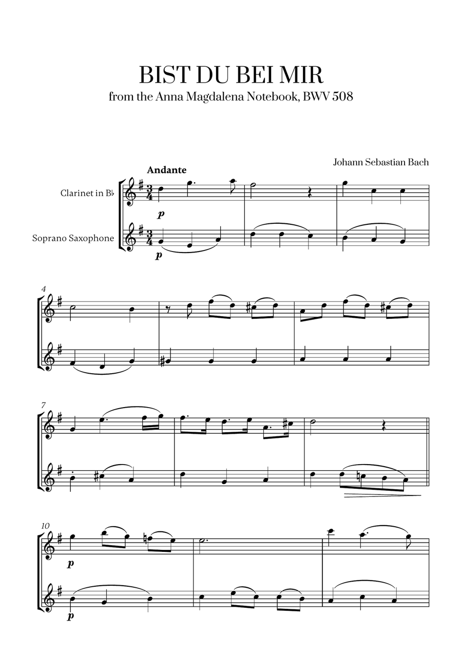Johann Sebastian Bach - Bist du bei Mir (BWV 508) (F major) (for Clarinet and Soprano Saxophone)