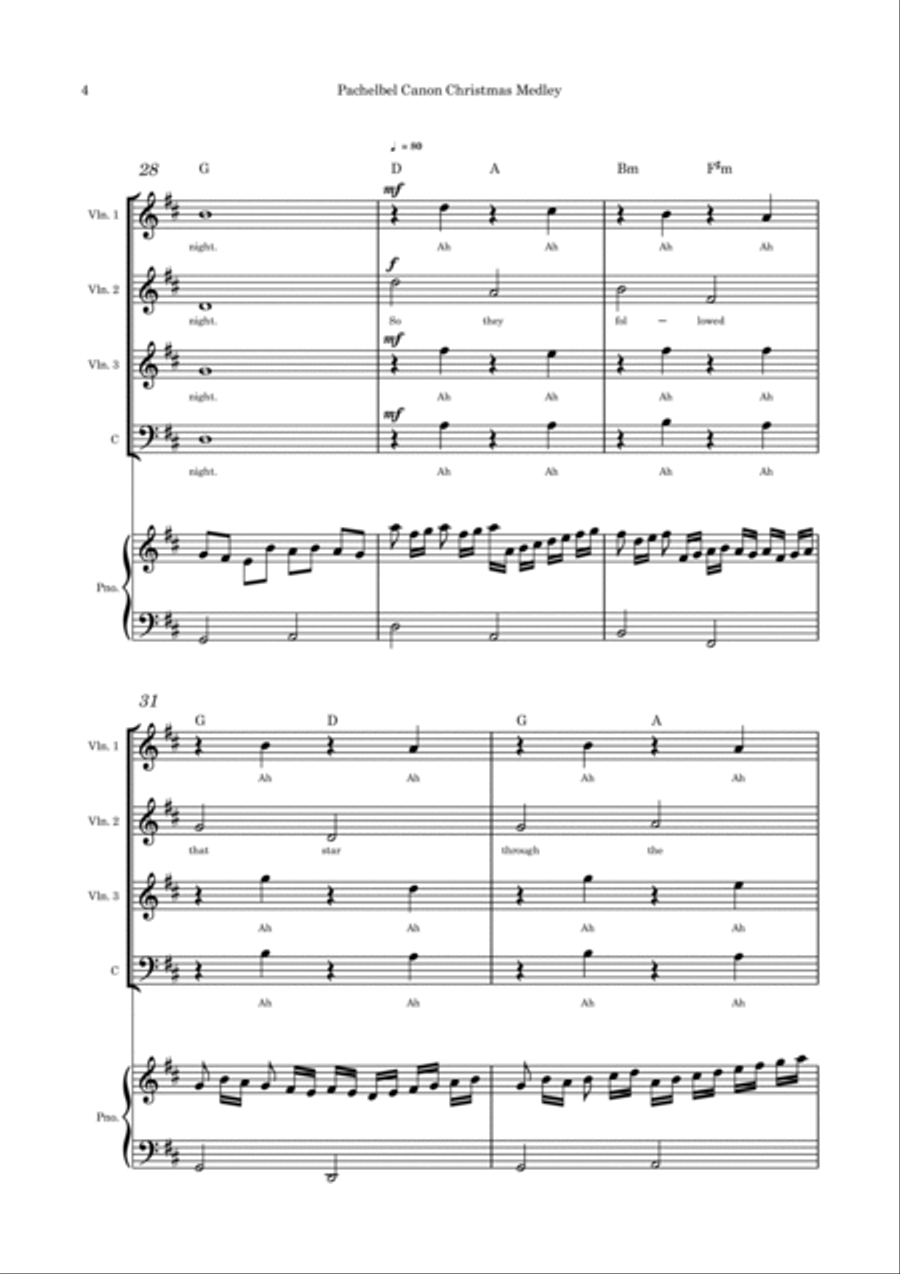 Pachelbel Canon with optional Christmas Medley lyrics strings quartet and piano Piano Quartet scores gallery preview page 4