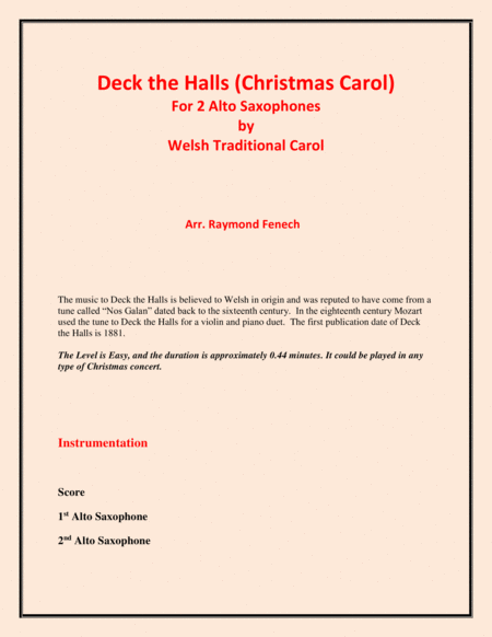 Deck the Halls - Welsh Traditional - Chamber music - Woodwind - 2 Alto Saxes Easy level image number null