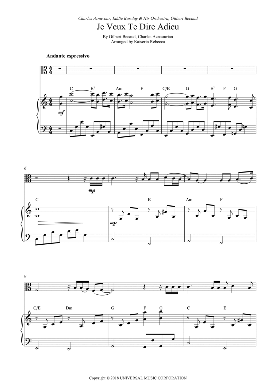 Je Veux Te Dire Adieu Je Veux Te Dire Adieu Viola scores gallery preview page 1