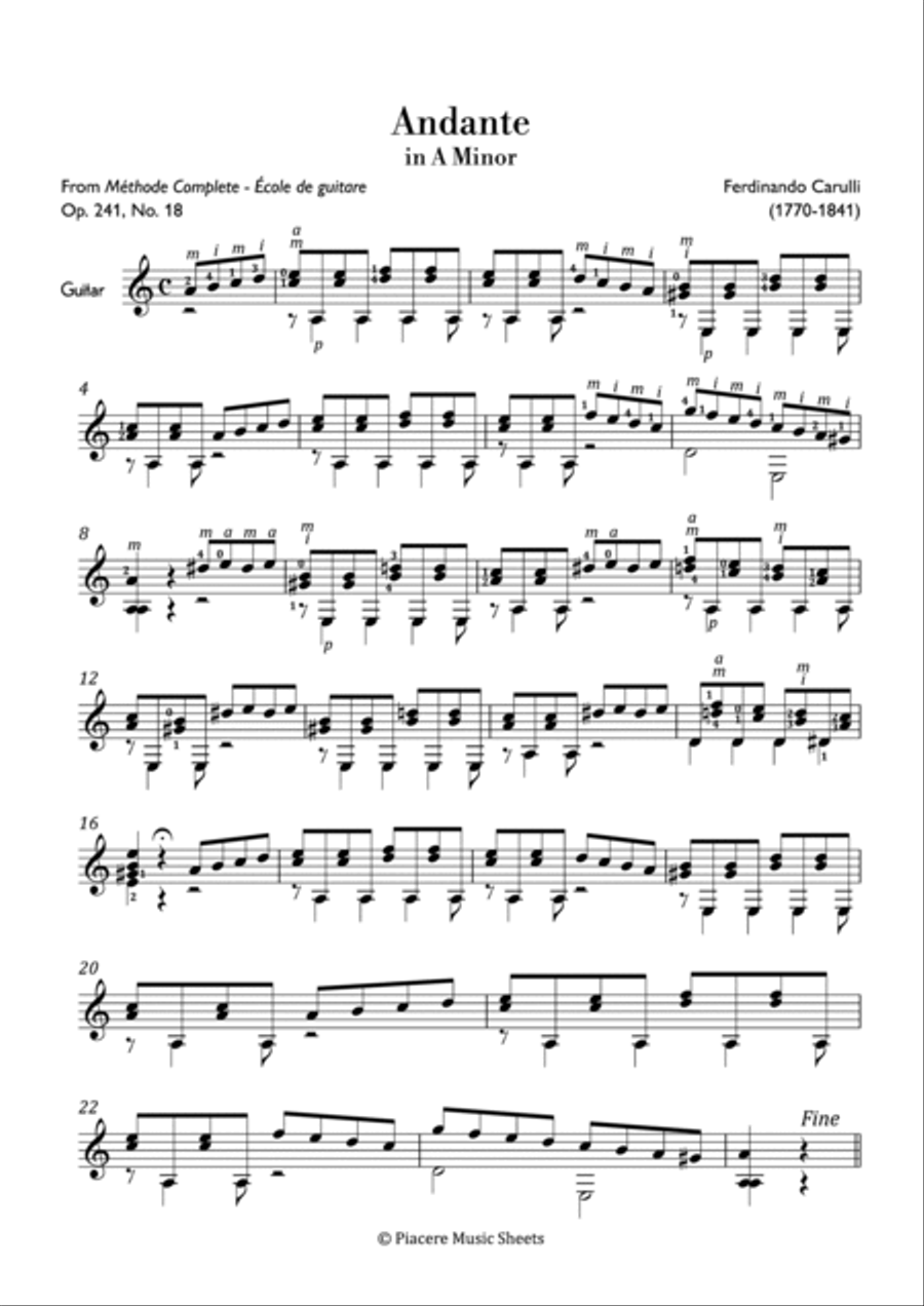 Carulli - Andante in A Minor - Easy Acoustic Guitar scores gallery preview page 2