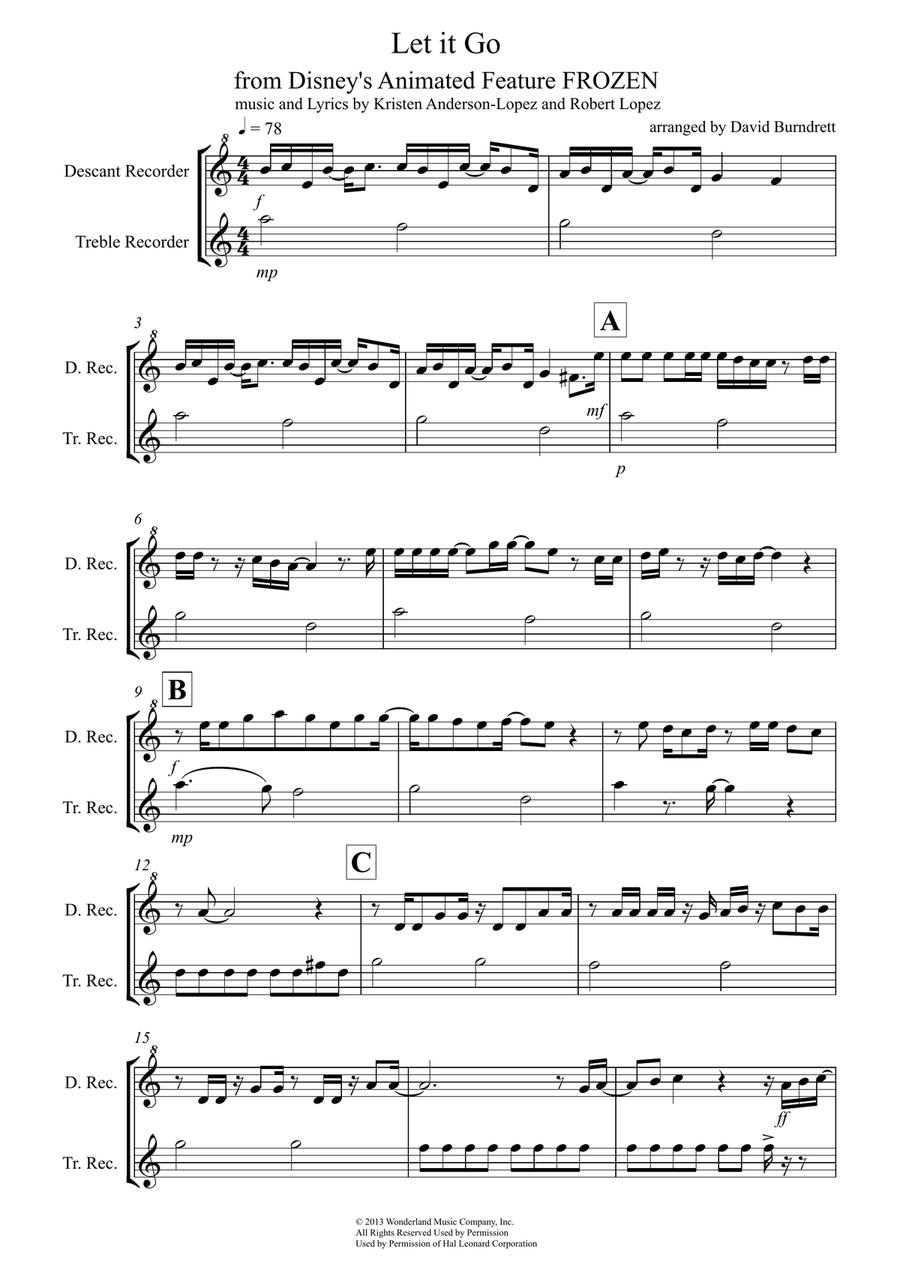 Let It Go (from Frozen) Recorder scores gallery preview page 1