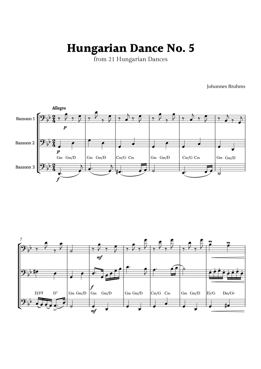Hungarian Dance No. 5 by Brahms for Bassoon Trio Woodwind Trio scores gallery preview page 1