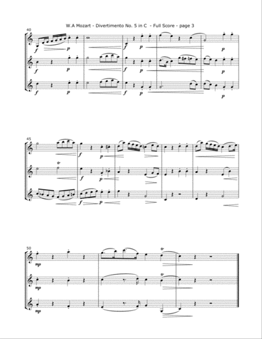 Mozart, W. - Divertimento No. 5 (Mvt. 4) for Three Violins String Trio scores gallery preview page 3