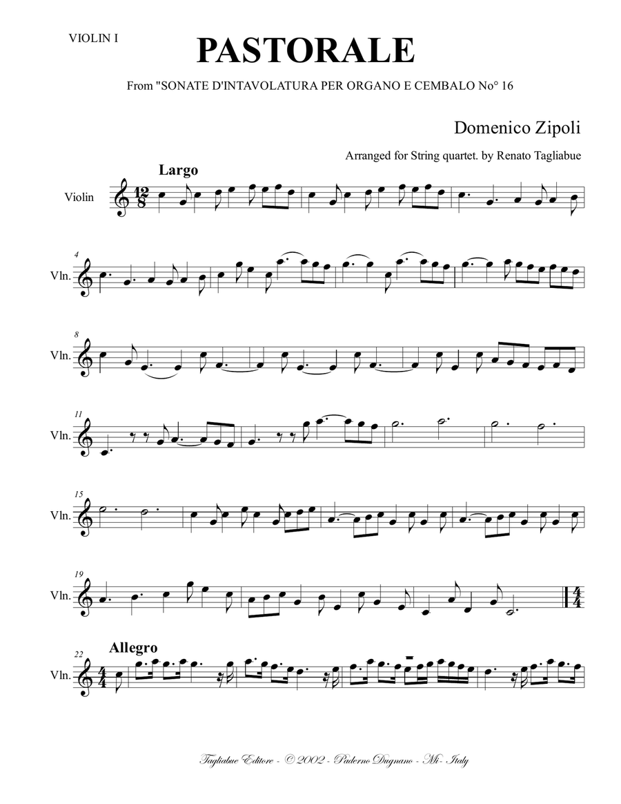 PASTORALE from "Sonate d'intavolatura per Organo e Cembalo. Arr. for String quartet. With Parts image number null