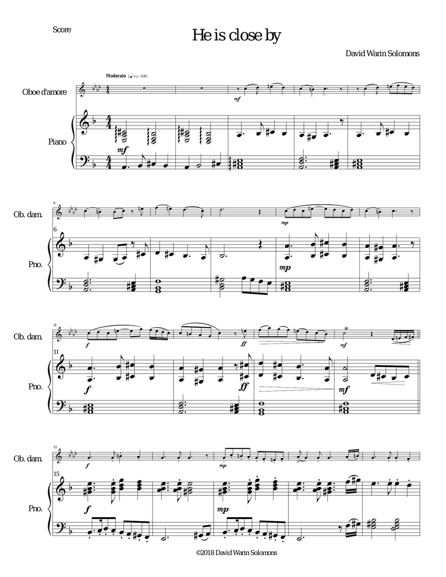 He is Close By for oboe d'amore and piano Oboe scores gallery preview page 1