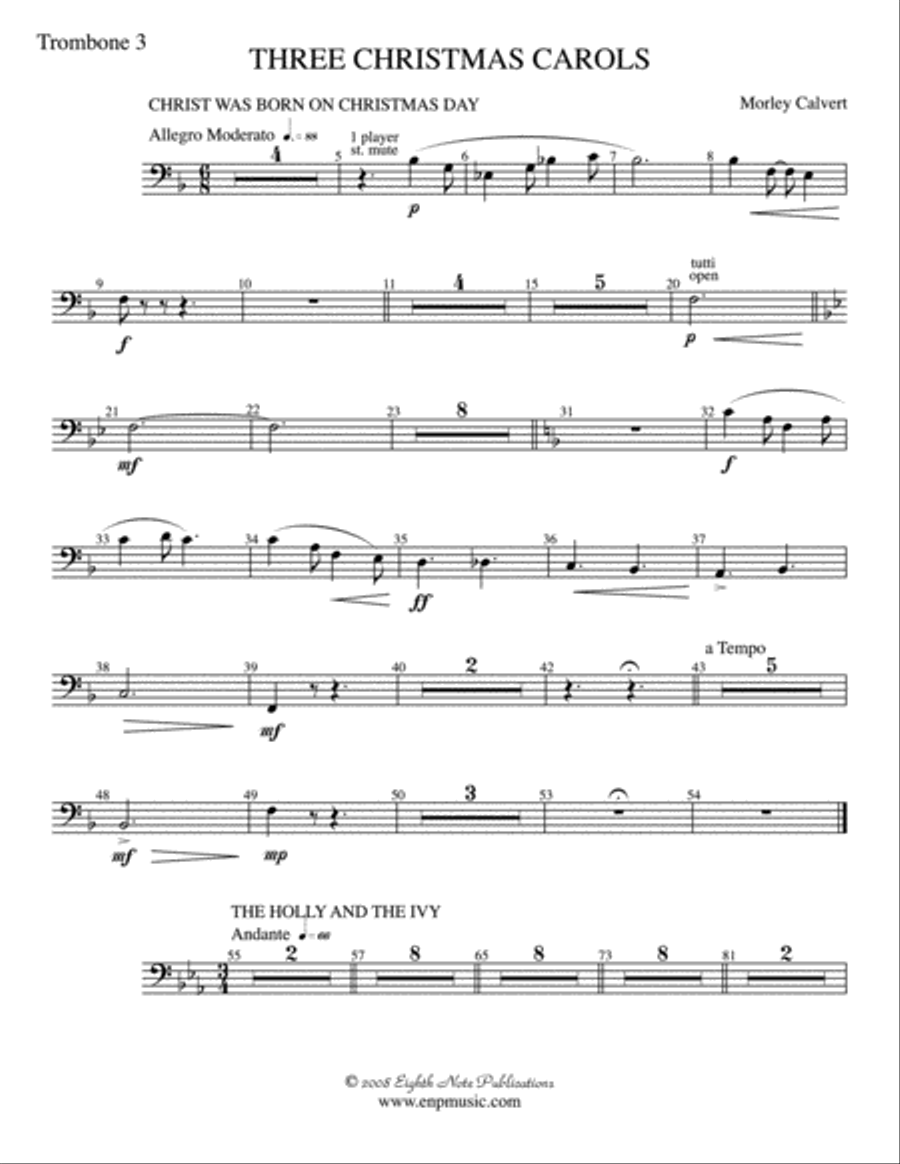 Three Christmas Carols: 3rd Trombone Concert Band scores gallery preview page 1