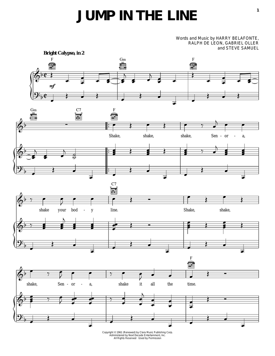 Jump In The Line Piano, Vocal, Guitar scores gallery preview page 1