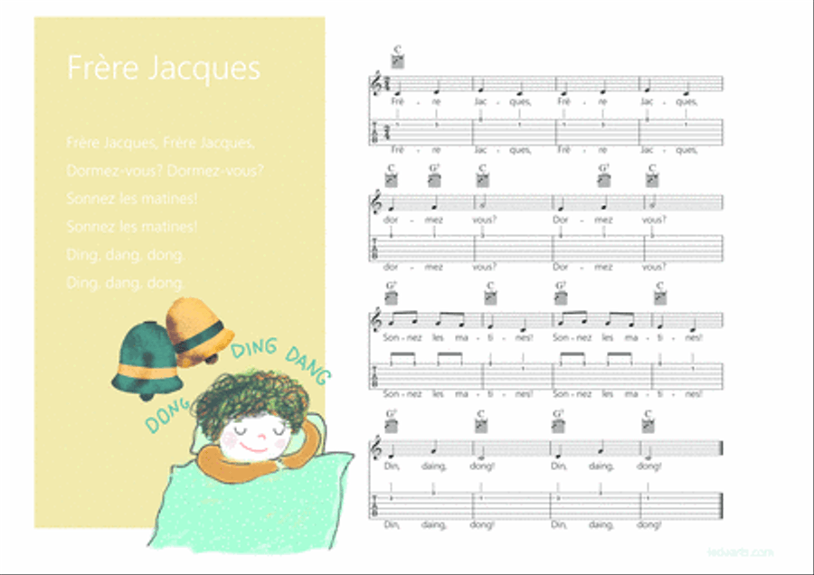 Frère Jacques Melody + Guitar chords + Guitar TAB's Guitar Tablature scores gallery preview page 1