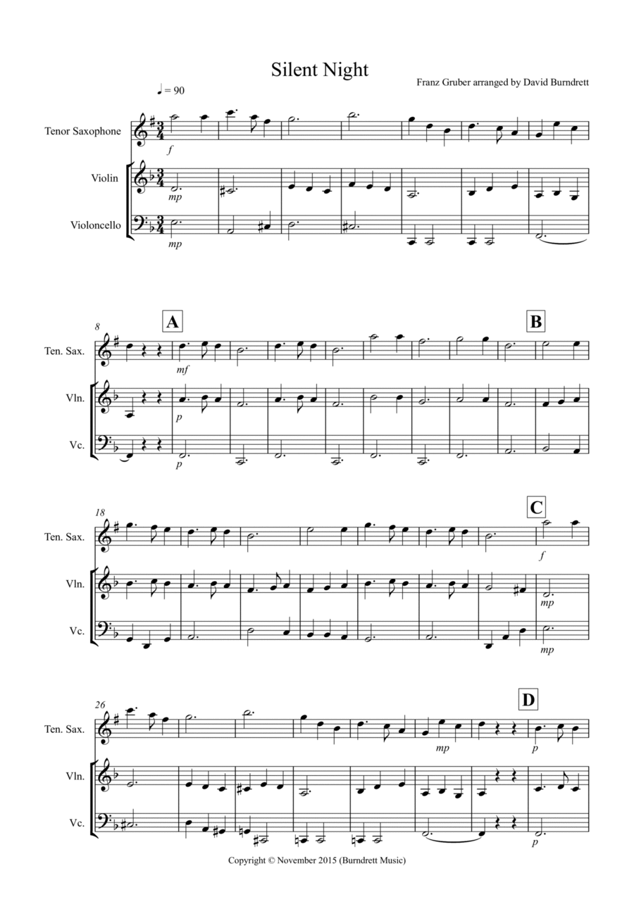 Silent NIght for Tenor Saxophone, Violin and Cello Trio Small Ensemble scores gallery preview page 1
