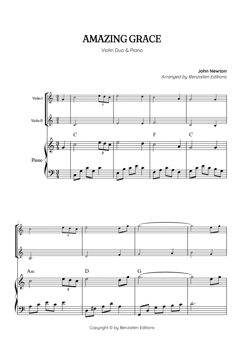 Amazing Grace • easy violin duet sheet music with intermediate piano accompaniment (and chords) image number null
