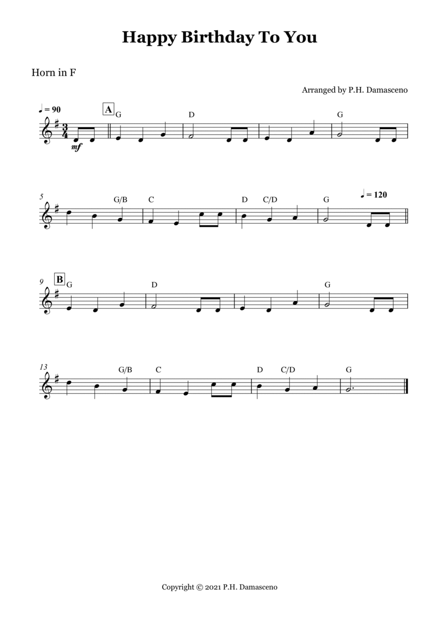 Happy Birthday To You - Horn in F Solo with Chords. Horn Solo scores gallery preview page 1