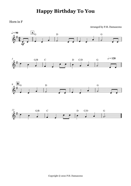 Happy Birthday To You - Horn in F Solo with Chords. image number null