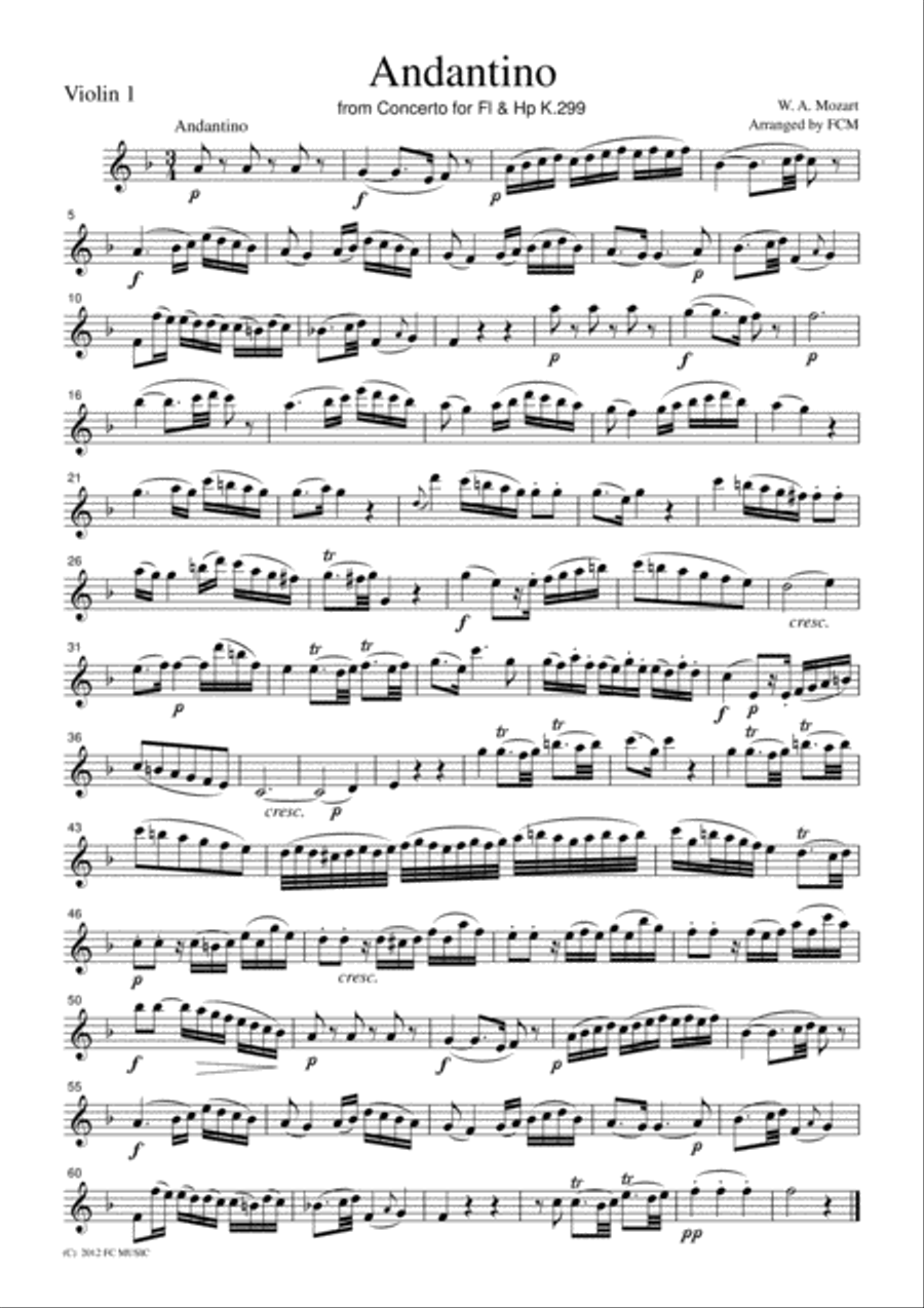 Mozart Andantino from Concrto for Fl & Hp K.299, for string quartet, CM027 image number null