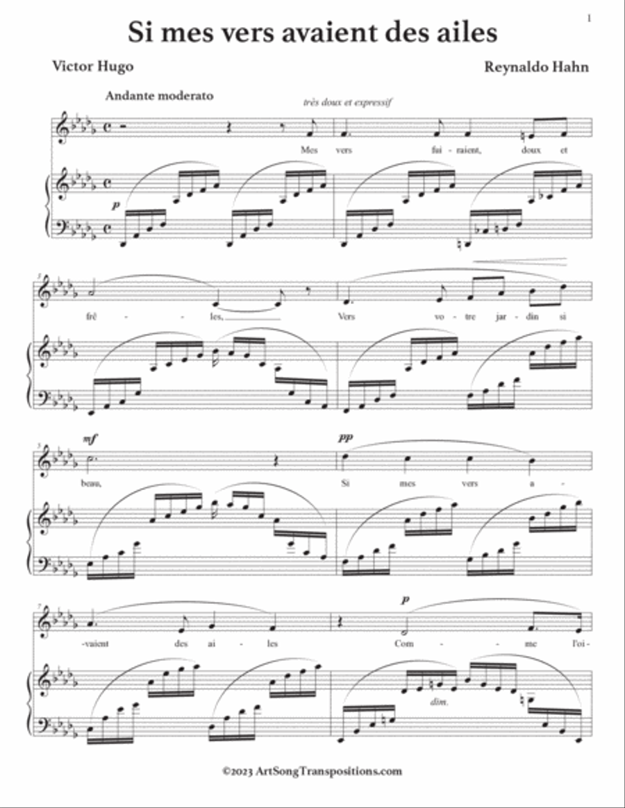 HAHN: Si mes vers avaient des ailes (transposed to D-flat major) Voice scores gallery preview page 2