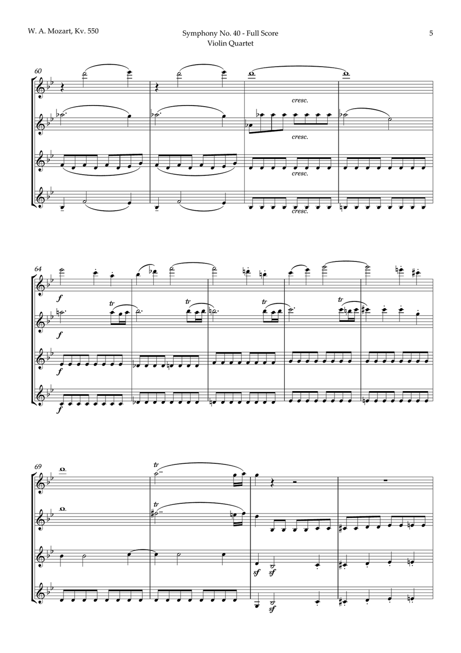 Symphony No. 40 by Mozart for Violin Quartet String Quartet scores gallery preview page 5