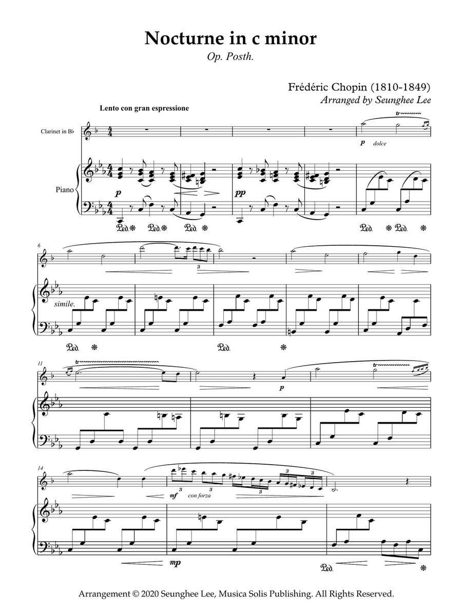 Chopin: Nocturne in C minor, Op. Posth for Clarinet and Piano (Arr. Seunghee Lee) Clarinet Solo scores gallery preview page 1