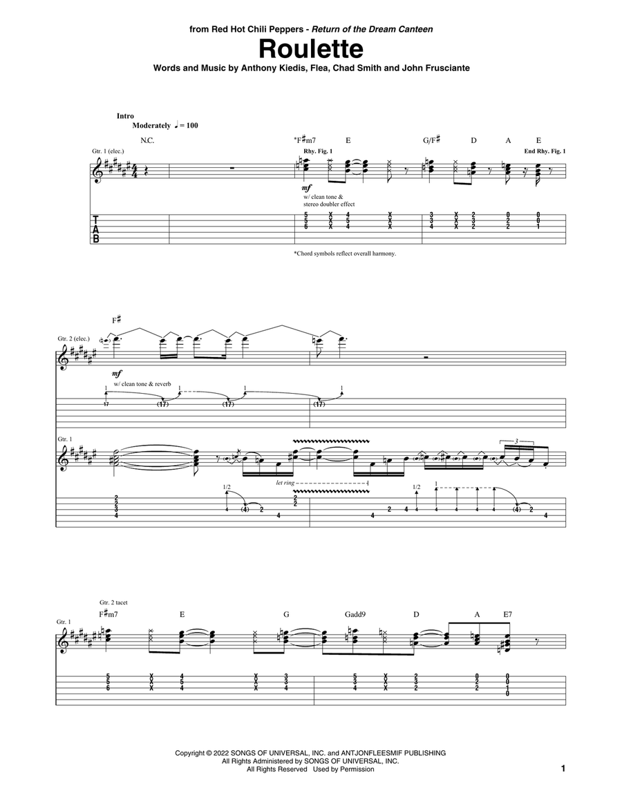 Roulette by The Red Hot Chili Peppers Guitar Tablature Digital