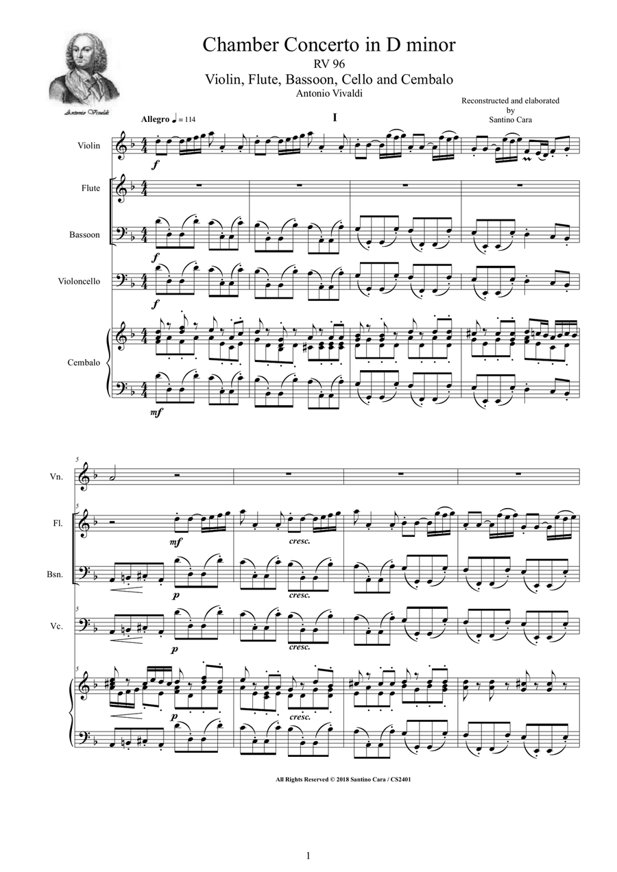 Vivaldi - Concerto in D minor RV 96 for Violin, Flute, Bassoon, Cello and Cembalo Small Ensemble scores gallery preview page 1