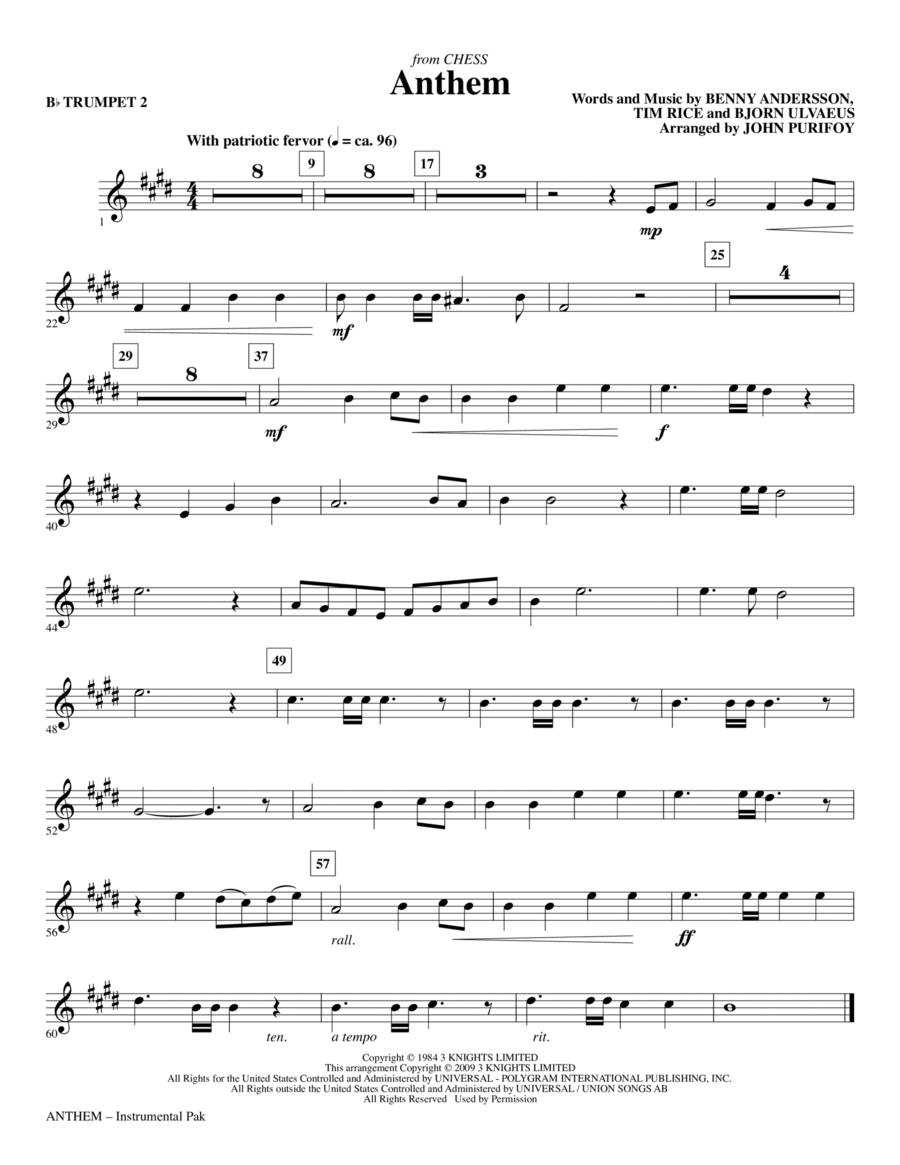 Anthem (from Chess) - Bb Trumpet 2 Choir scores gallery preview page 1