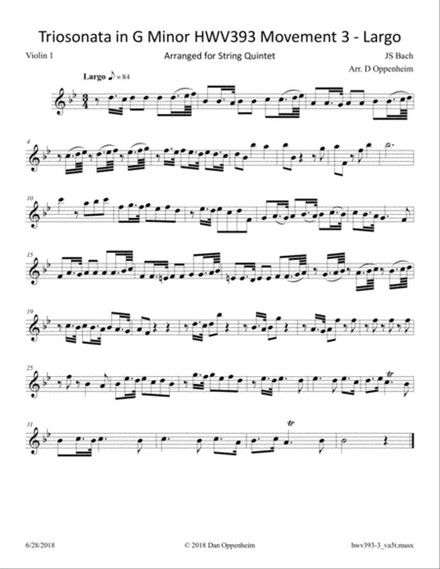 Handel: Triosonata in G Minor HWV 393 Movement 3 - Largo, arranged for String Quintet String Quintet scores gallery preview page 4